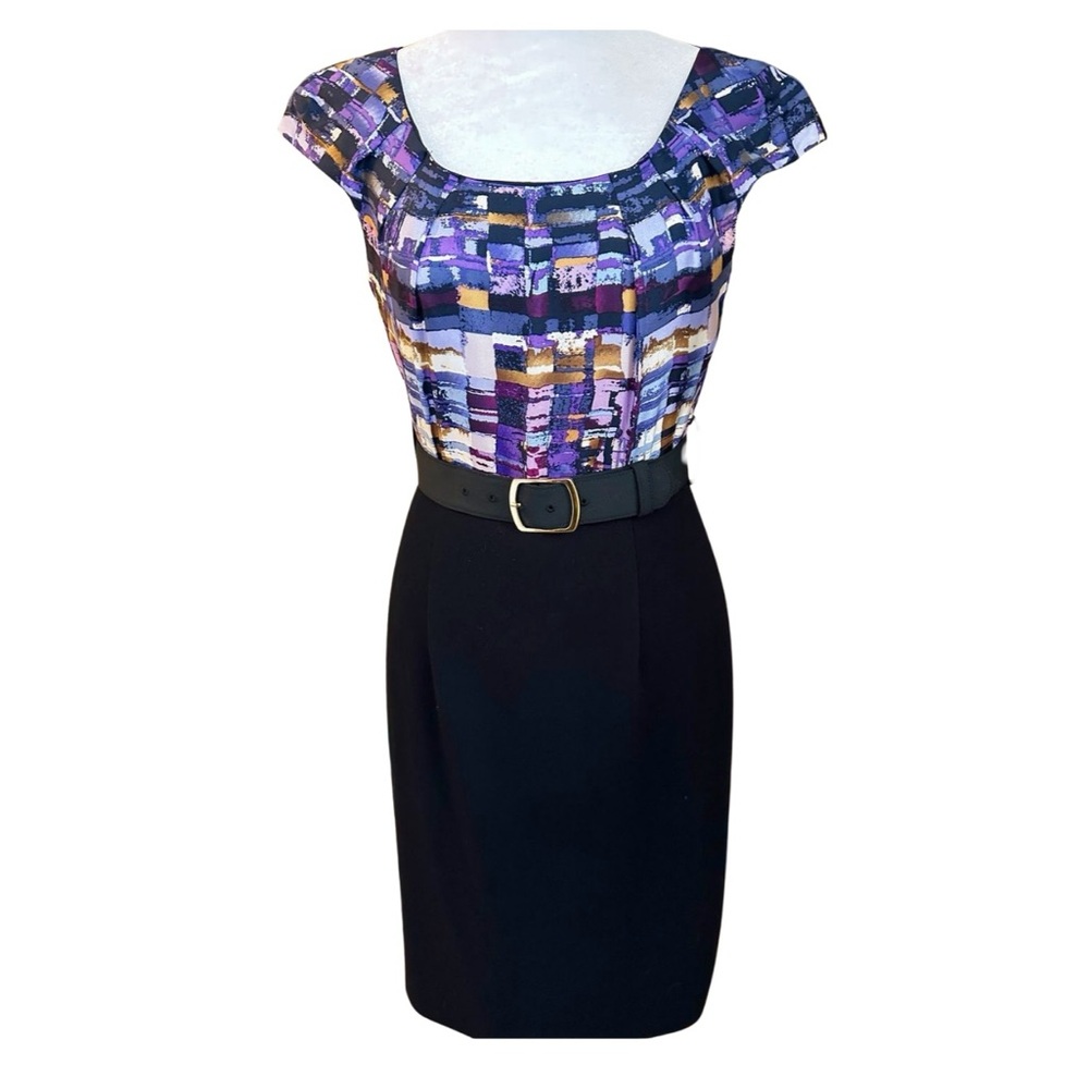 💜Tahari Purple Geometric Silk Cap Sleeve Top Belted Ponte Knit Sheath Dress Sz2
